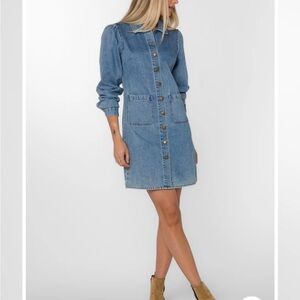 Velvet Heart Blue Mini Shirt Dress with Long Bishop Sleeves